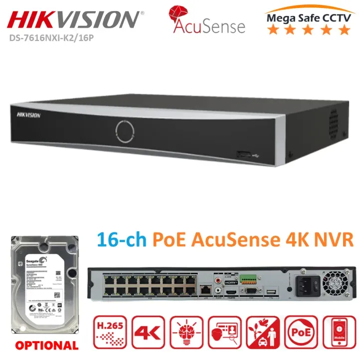 NVR HIKVISION DS-7616NXI-K2(D)(O-STD(160mbps,16 IP,2ch/12MP,3ch/8MP,12ch/1080P,2HDD upto 16TB,H.265)