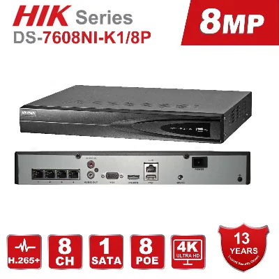 NVR HIKVISION DS-7608NI-K1/4K(O-STD) (80mbps,8 IP,4ch/8MP,8ch/1080P,1HDD upto 12TB,H.265)