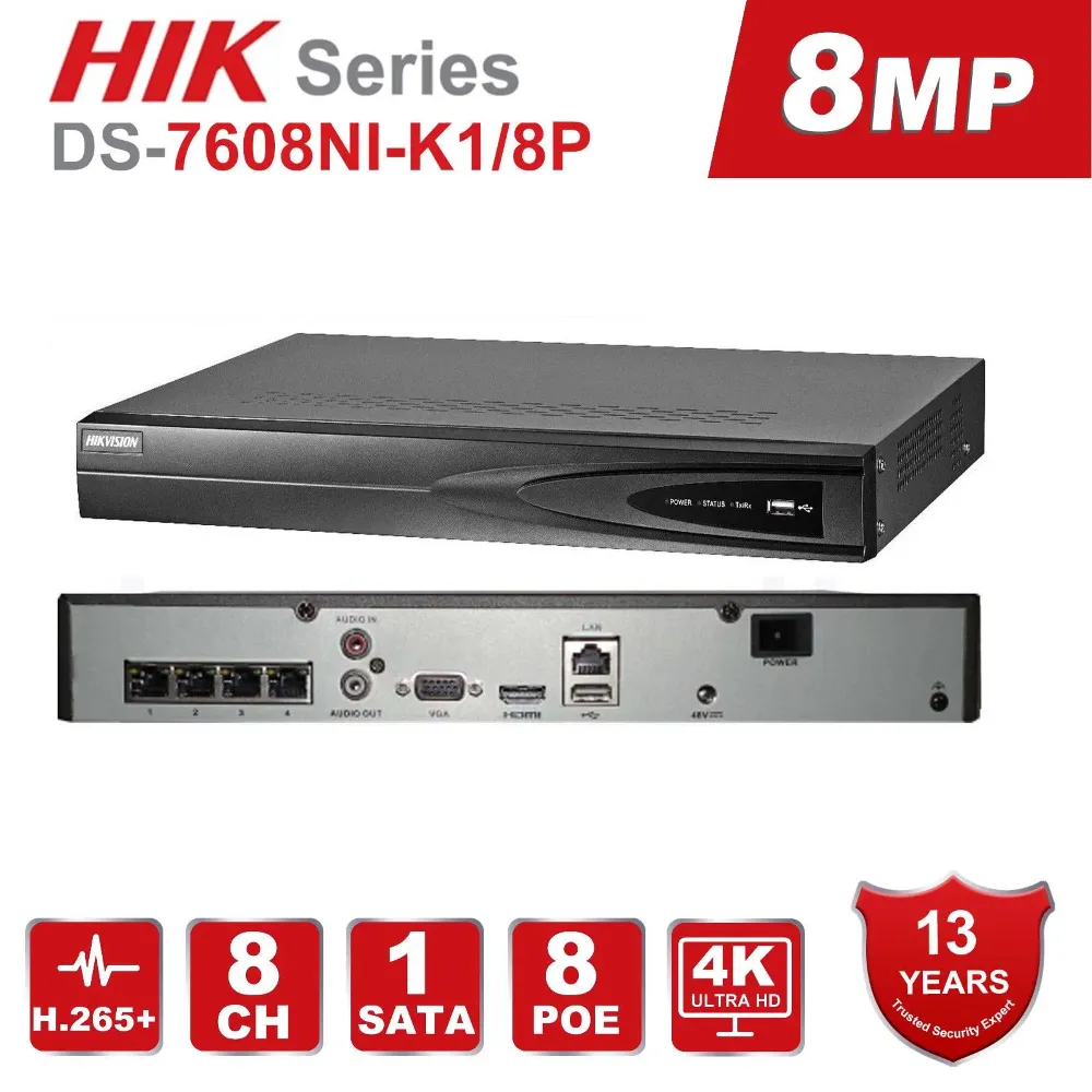 NVR HIKVISION DS-7608NI-K1/4K(O-STD) (80mbps,8 IP,4ch/8MP,8ch/1080P,1HDD upto 12TB,H.265)