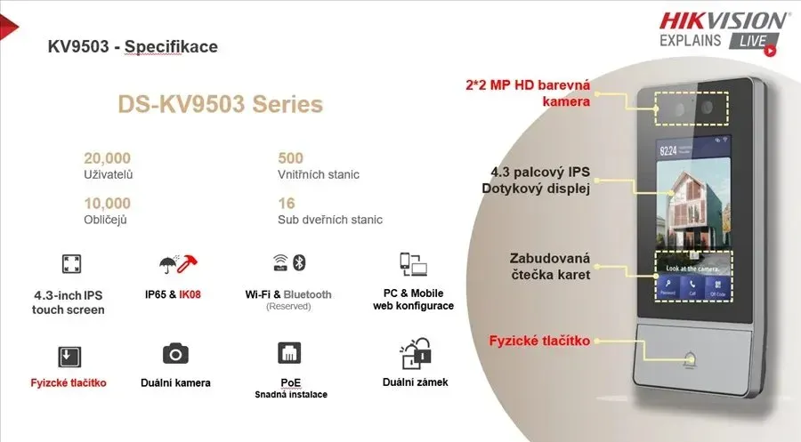 IP вызывная панель HIKVISION DS-KV9503-WBE1(O-STD) 2MP,распозн.лиц,Mifare,WIFI,PoE,IP65,IK08,METAL